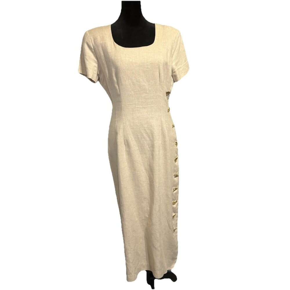 Vintage Misty Lane Dress Linen Tan Sheath Gold Animal Buttons Khaki Size 6